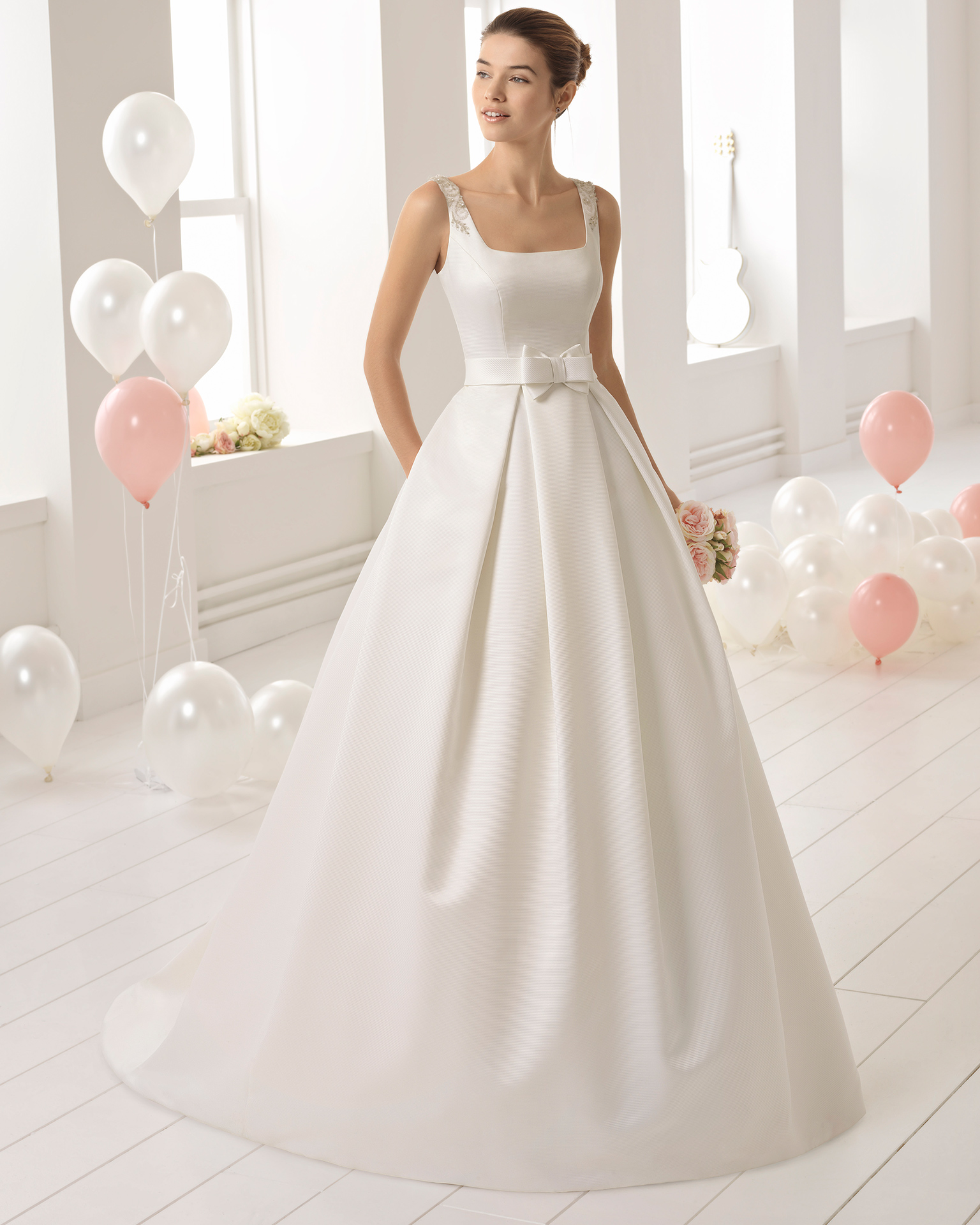 Classic-style beaded ottoman wedding dress with square neckline and pockets.