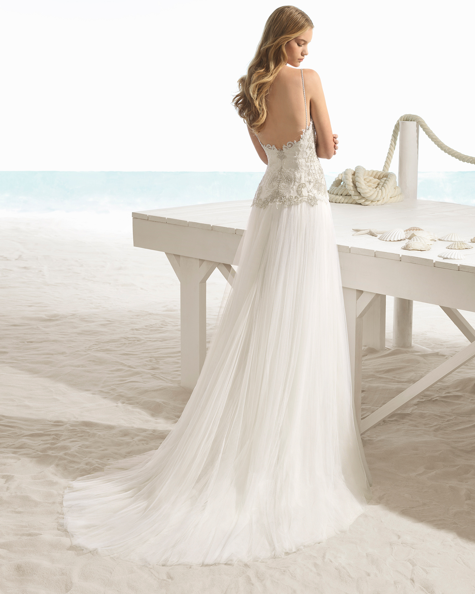 A-line beaded lace and tulle wedding dress with sweetheart neckline, in natural/gold.