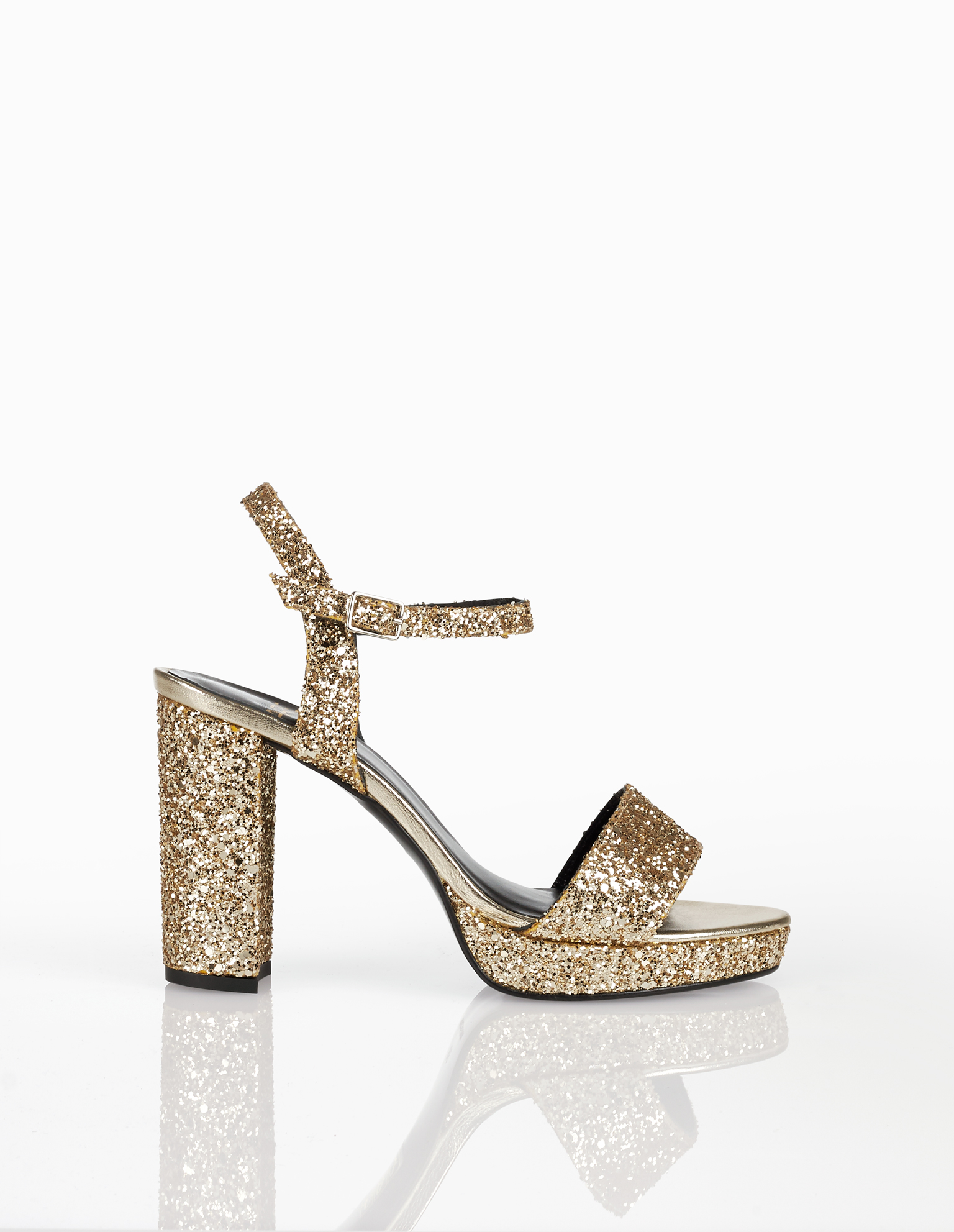 Glitter cocktail platform sandals with high heel, available in black, lead, navy blue, silver and champagne. 2018 FIESTA AIRE BARCELONA Collection.
